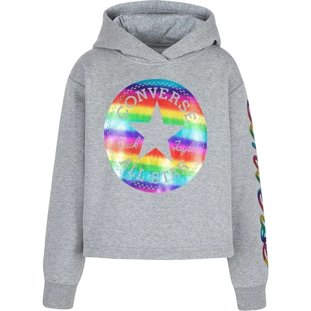 Converse Cropped Foil Hoodie Girls Medium Heather Gray Cotton Pullover GBO248